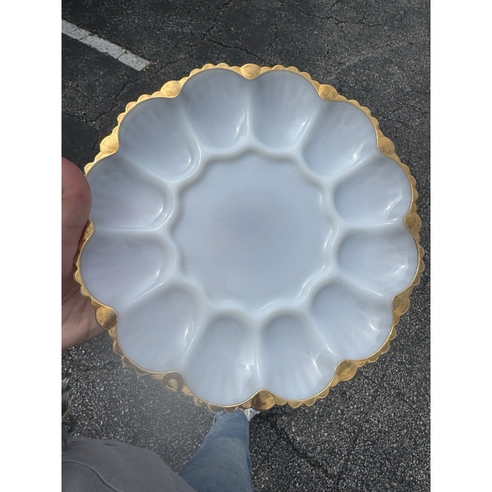 Anchor Hocking Fire King Milk Glass, Deviled Egg Plate with Gold Trim, Vintage